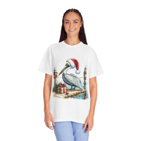 Woman wearing white Christmas Pelican Santa T-Shirt with pelican in Santa hat and holiday gifts design