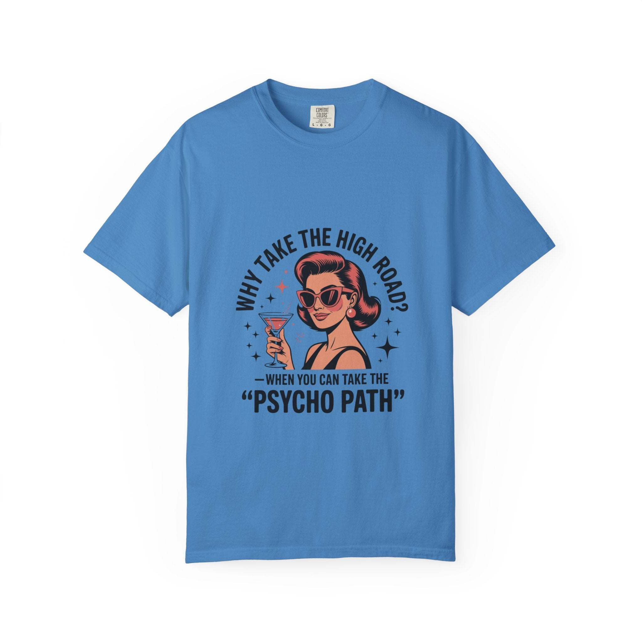 Blue garment-dyed T-shirt with psycho path high road graphic design and casual style