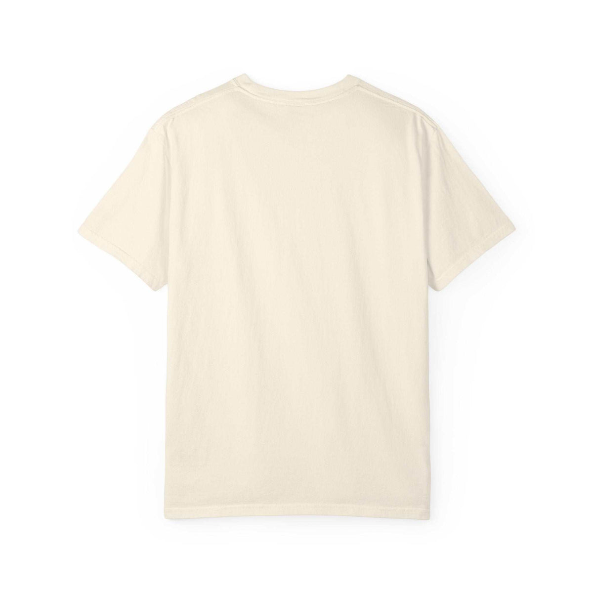 Flat lay of the back of an ivory Comfort Colors 1717 t-shirt featuring a navy cat in a red party hat and “One Year Sober. Still Weird.” lettering.