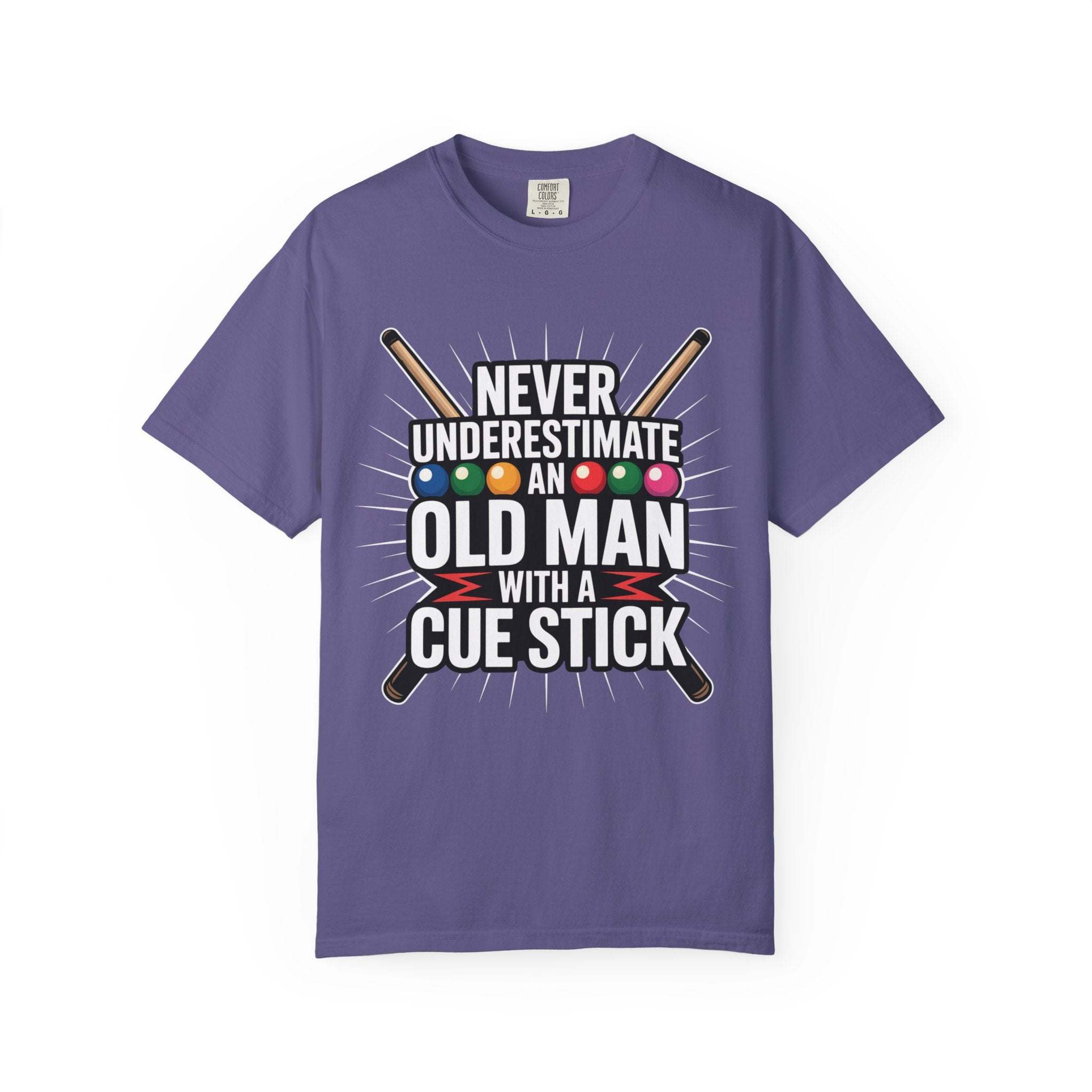 Purple t-shirt with pool cue and ball design on a white background