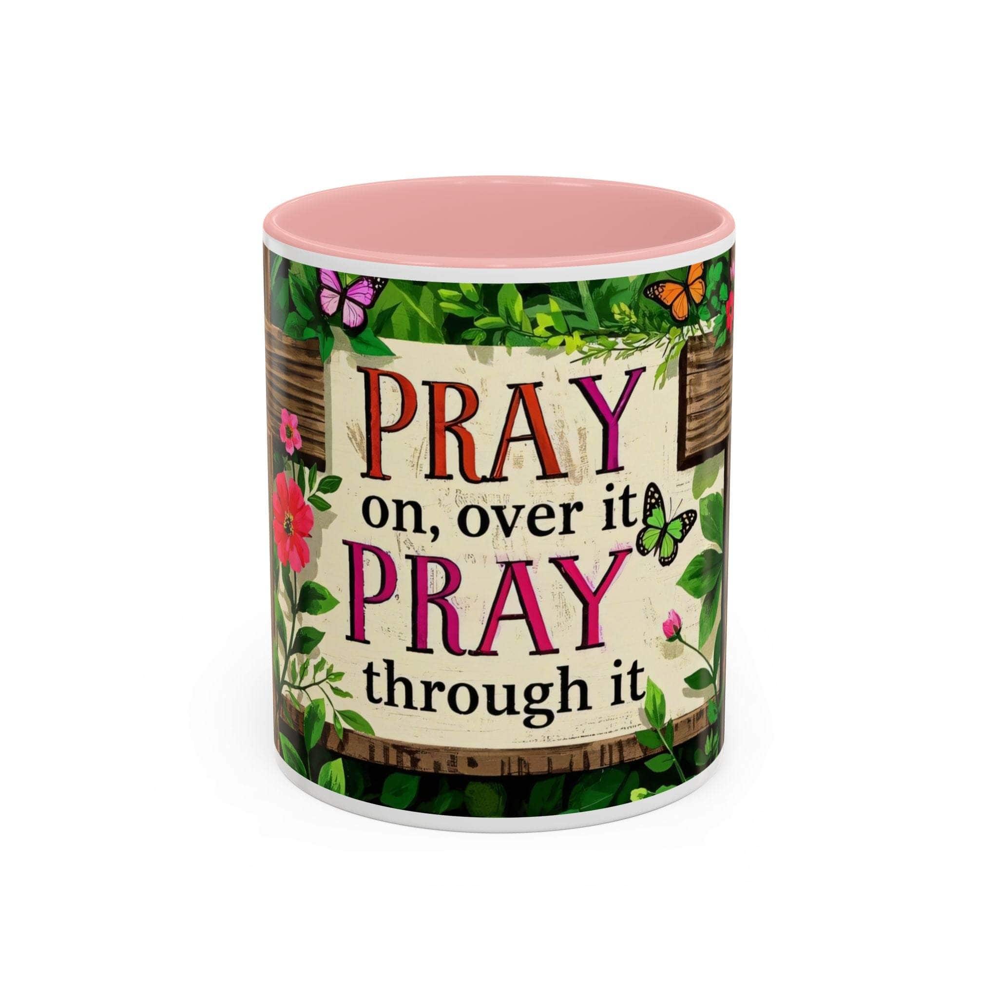 Mug with floral design and motivational quote on a white background