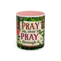 Mug with floral design and motivational quote on a white background