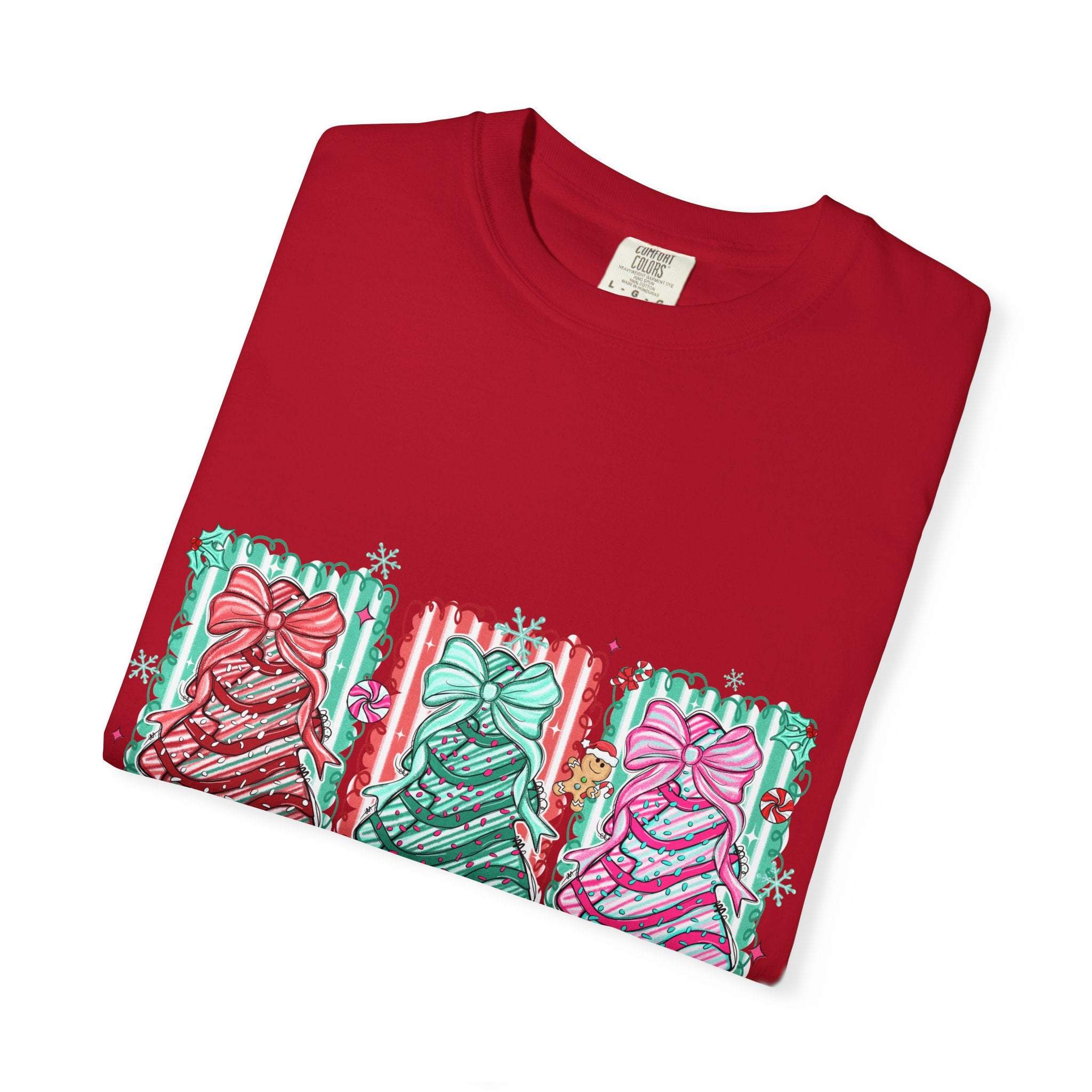 Red garment-dyed Oh Christmas Tree T-shirt with festive colorful tree designs and holiday accents