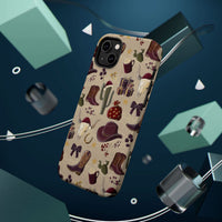 Cowboy Christmas design phone case for iPhone 17 in glossy finish by Printify, featuring festive colors and patterns.
