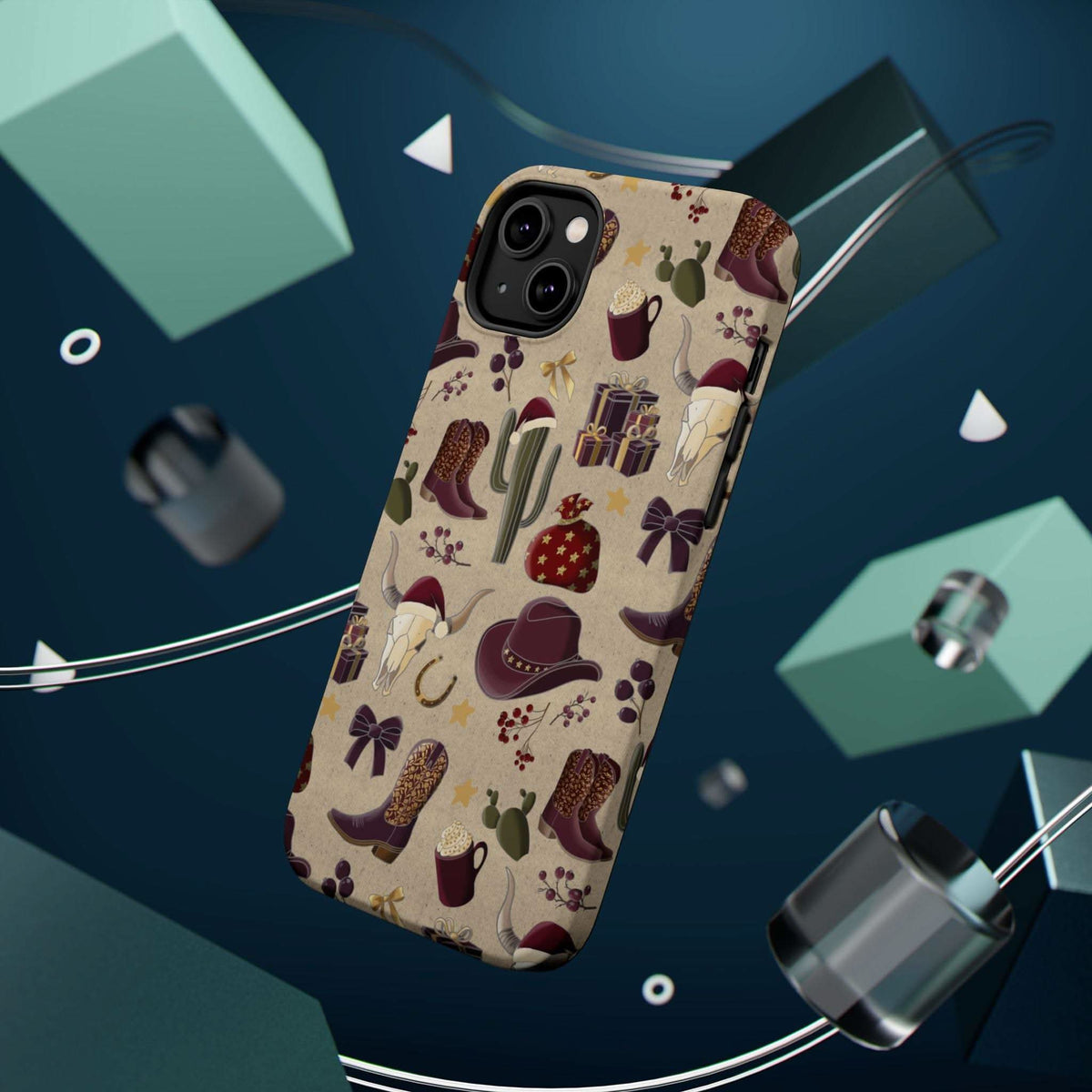 Cowboy Christmas design phone case for iPhone 17 in glossy finish by Printify, featuring festive colors and patterns.