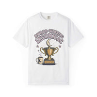 Insomnia T-shirt with funny coffee cup and crescent moon design on vintage garment-dyed fabric