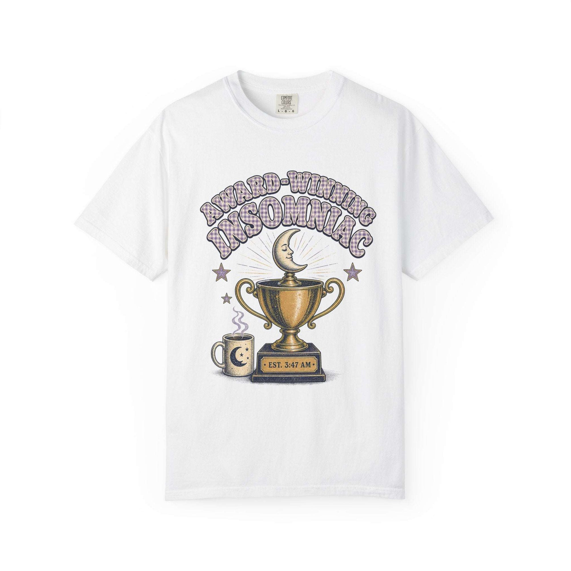 Insomnia T-shirt with funny coffee cup and crescent moon design on vintage garment-dyed fabric