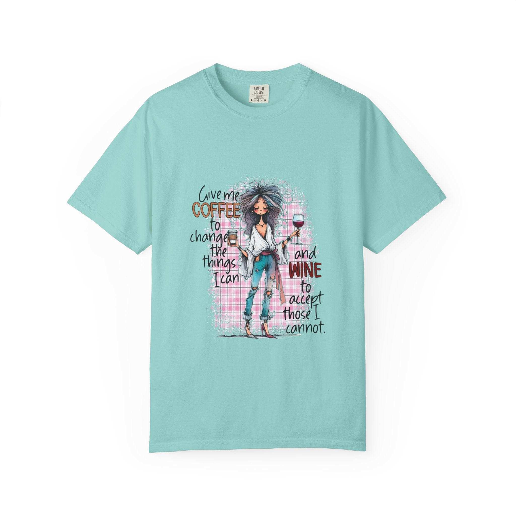 White unisex t-shirt featuring an inspirational coffee and wine quote, perfect for casual wear.