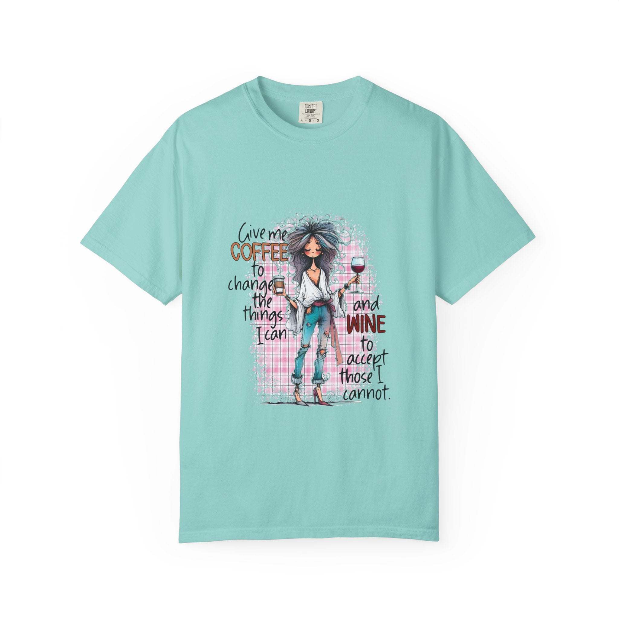 Ivory unisex t-shirt featuring 'Things I Can Change and Cannot' design, ideal for coffee and wine lovers.