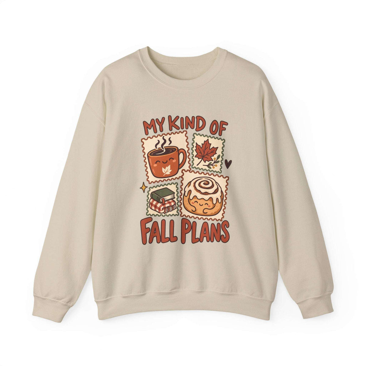 A beige crewneck sweatshirt featuring a graphic print with the text 'MY KIND OF FALL PLANS' and four autumn-themed illustrations of a coffee mug, a maple leaf, a sandwich, and a cinnamon roll.