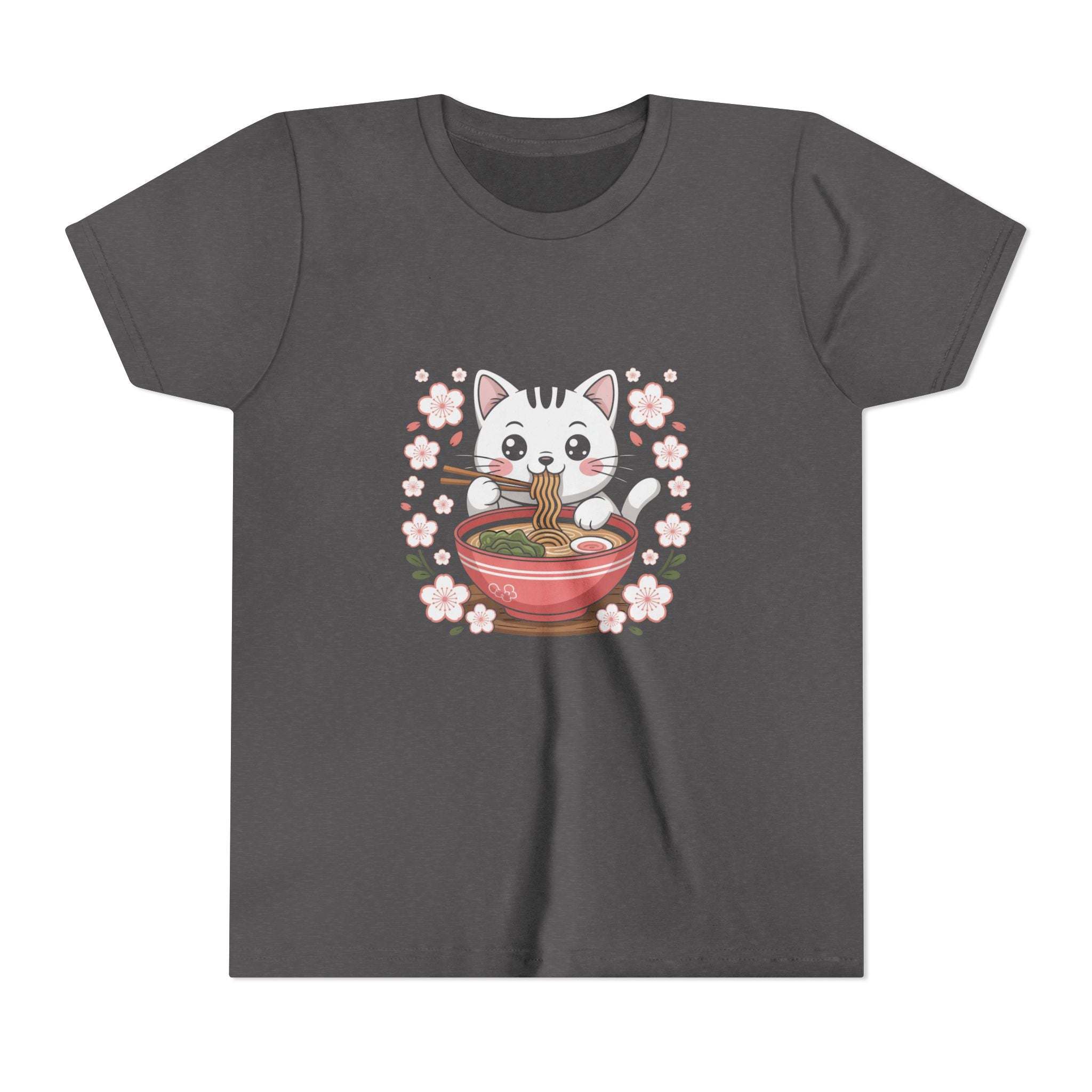 Kawaii cat eating ramen bowl on youth short sleeve tee