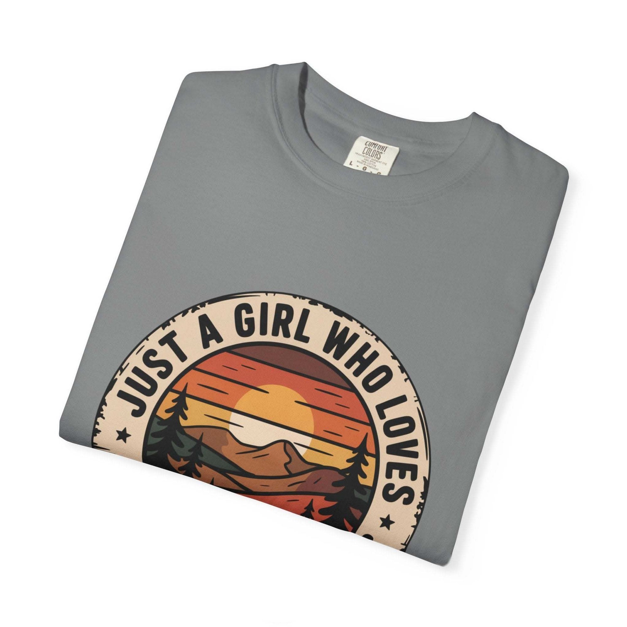 Just a Girl Who Loves National Parks T-Shirt in soft, garment-dyed cotton with relaxed fit and outdoor-inspired design