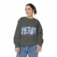 Woman wearing gray sweatshirt with iridescent Merry Christmas design on front, casual holiday sweater