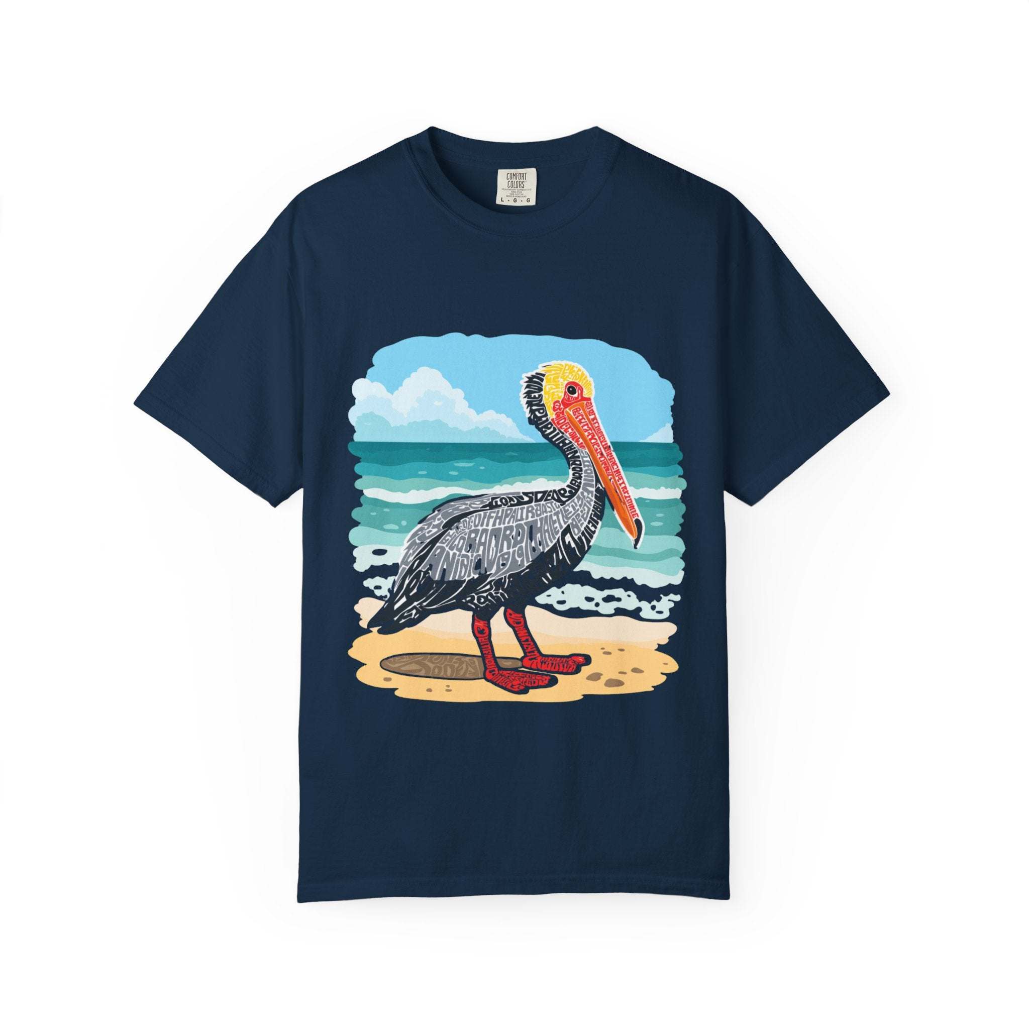 Navy t-shirt with vintage pelican letter poster graphic, coastal beach design