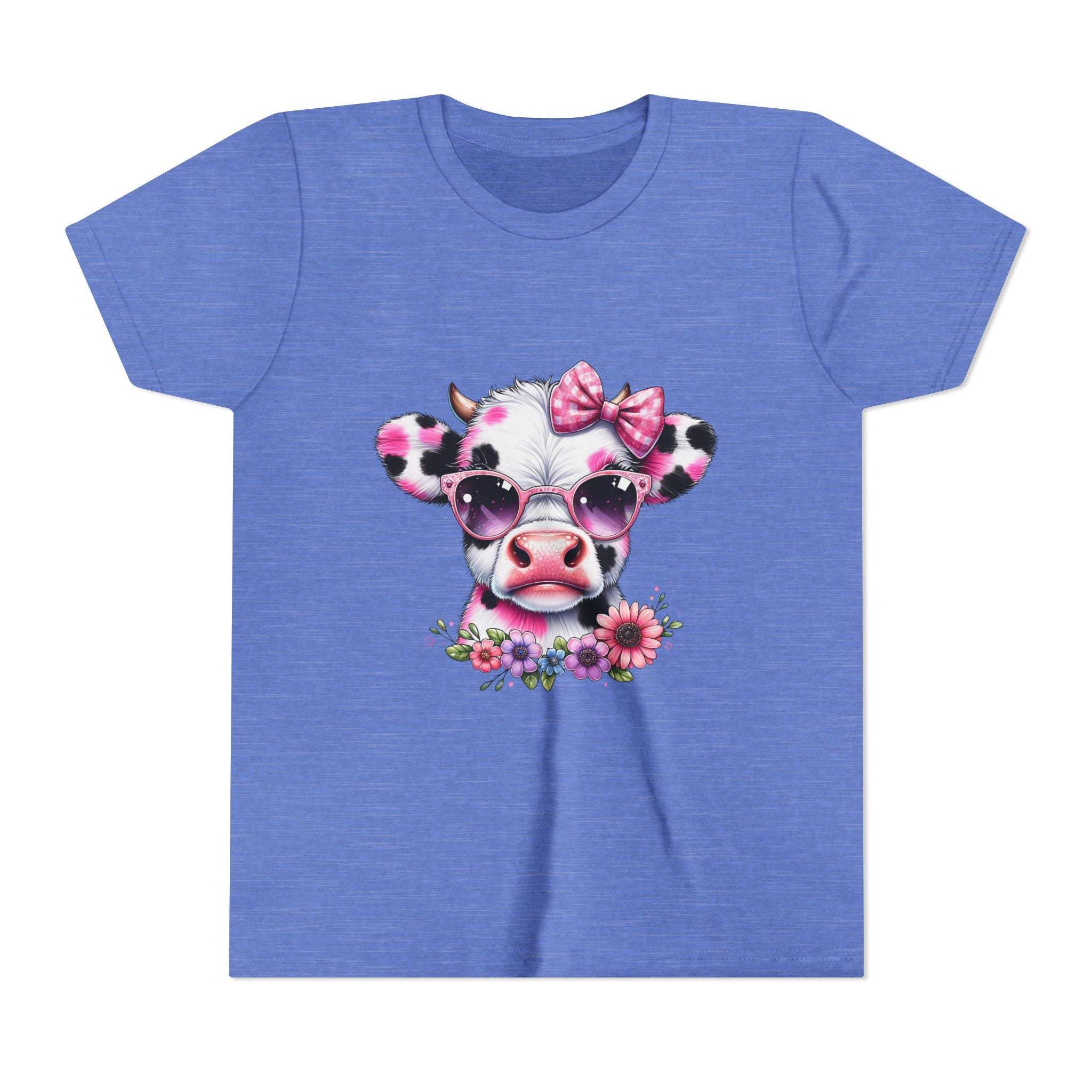 Blue t-shirt with a cow wearing sunglasses and a bow design on a white background