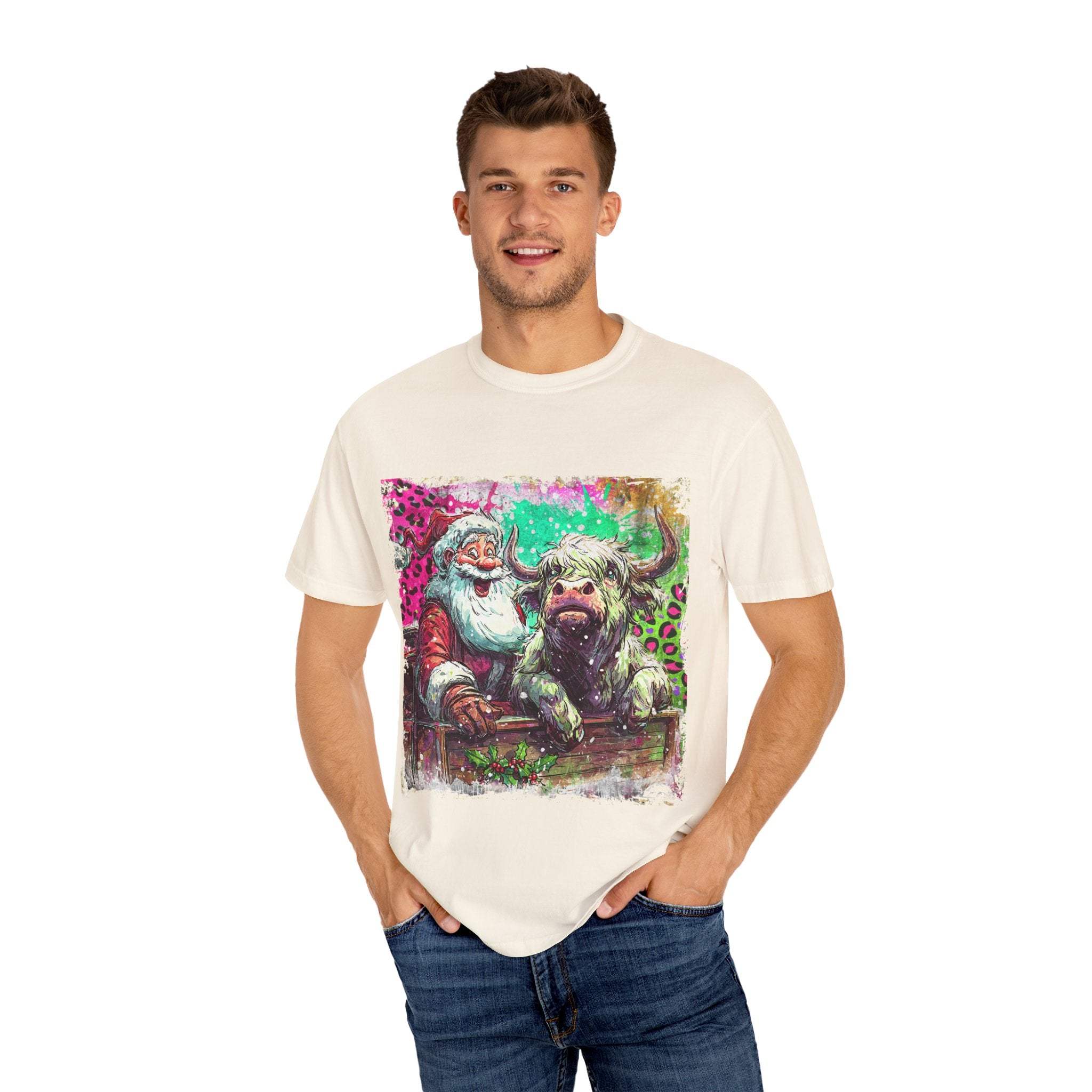 Retro Santa and Highland Cow graphic on a black t-shirt by Printify, perfect for festive holiday wear.