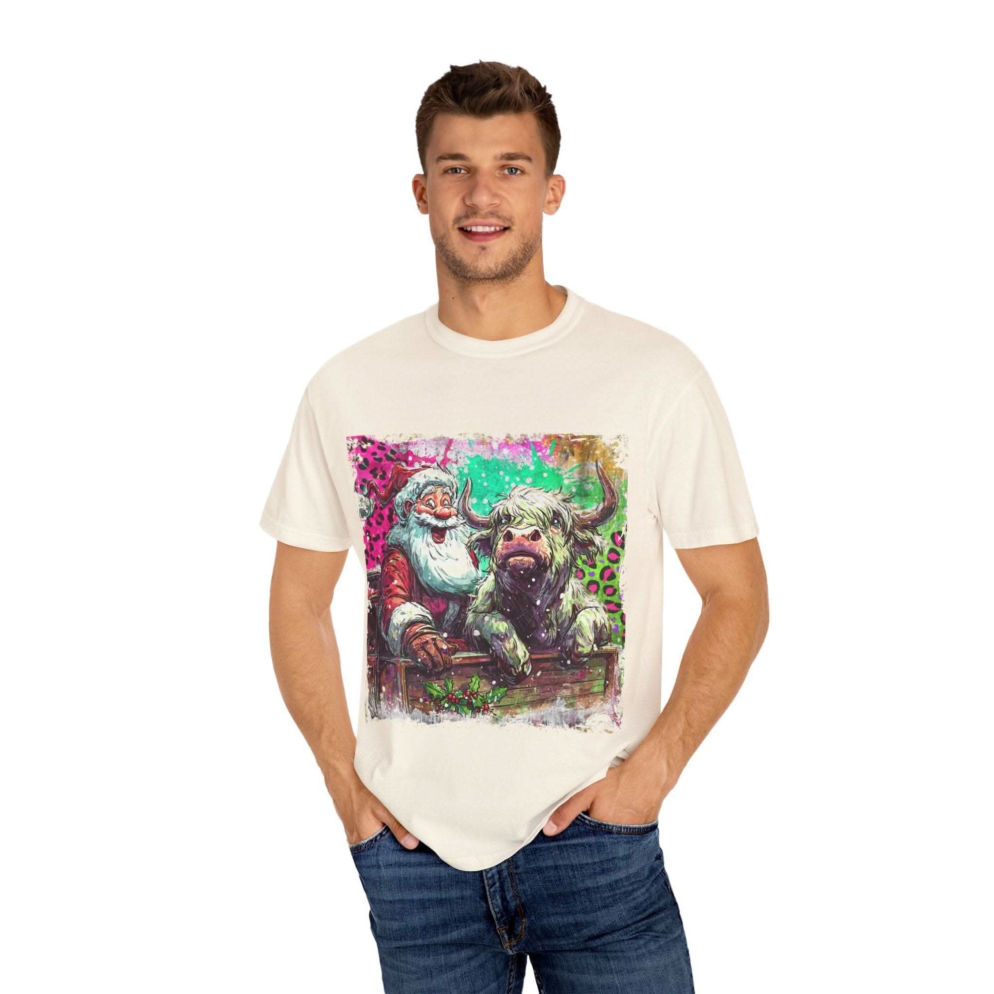 Retro Santa and Highland Cow graphic on a black t-shirt by Printify, perfect for festive holiday wear.