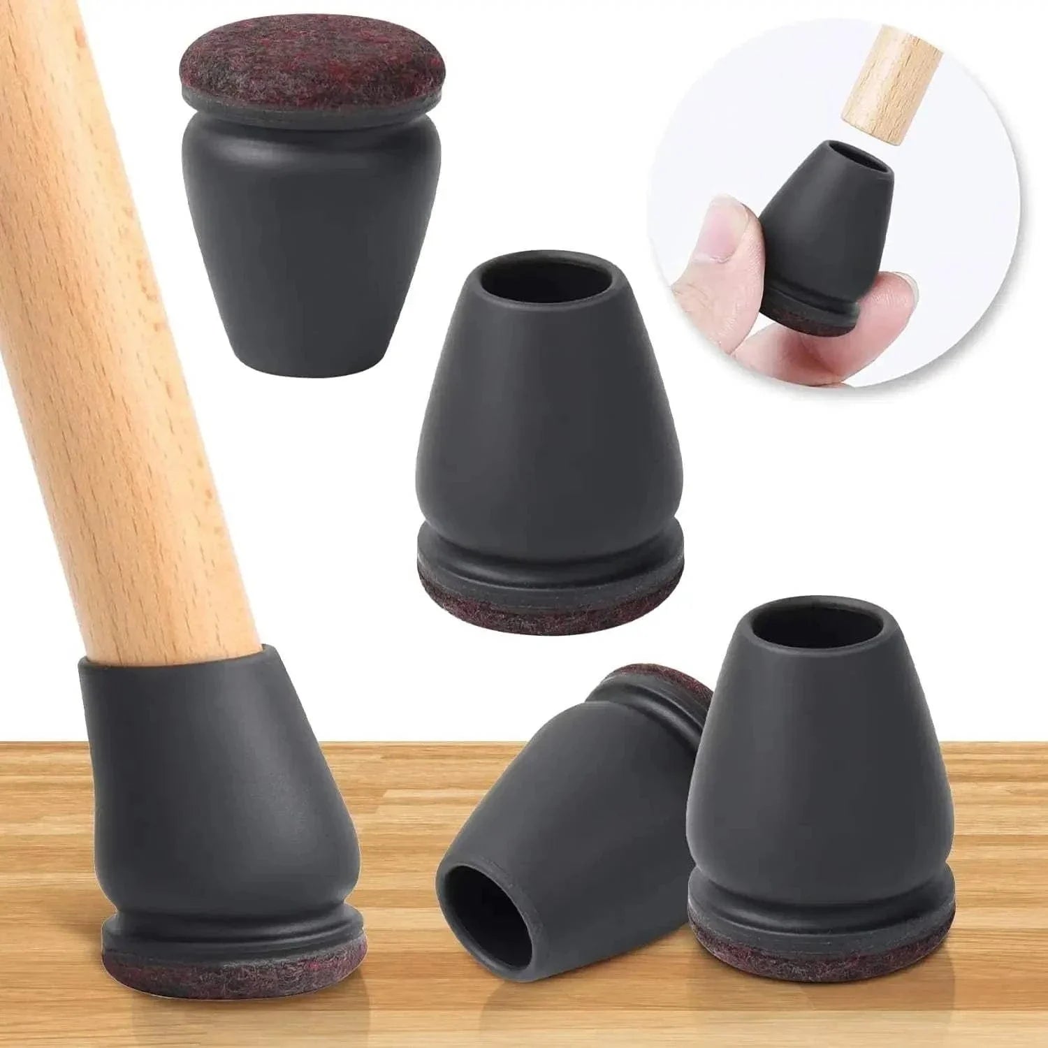 8PCS black silicone chair leg protectors with thick felt pads for floor and furniture protection