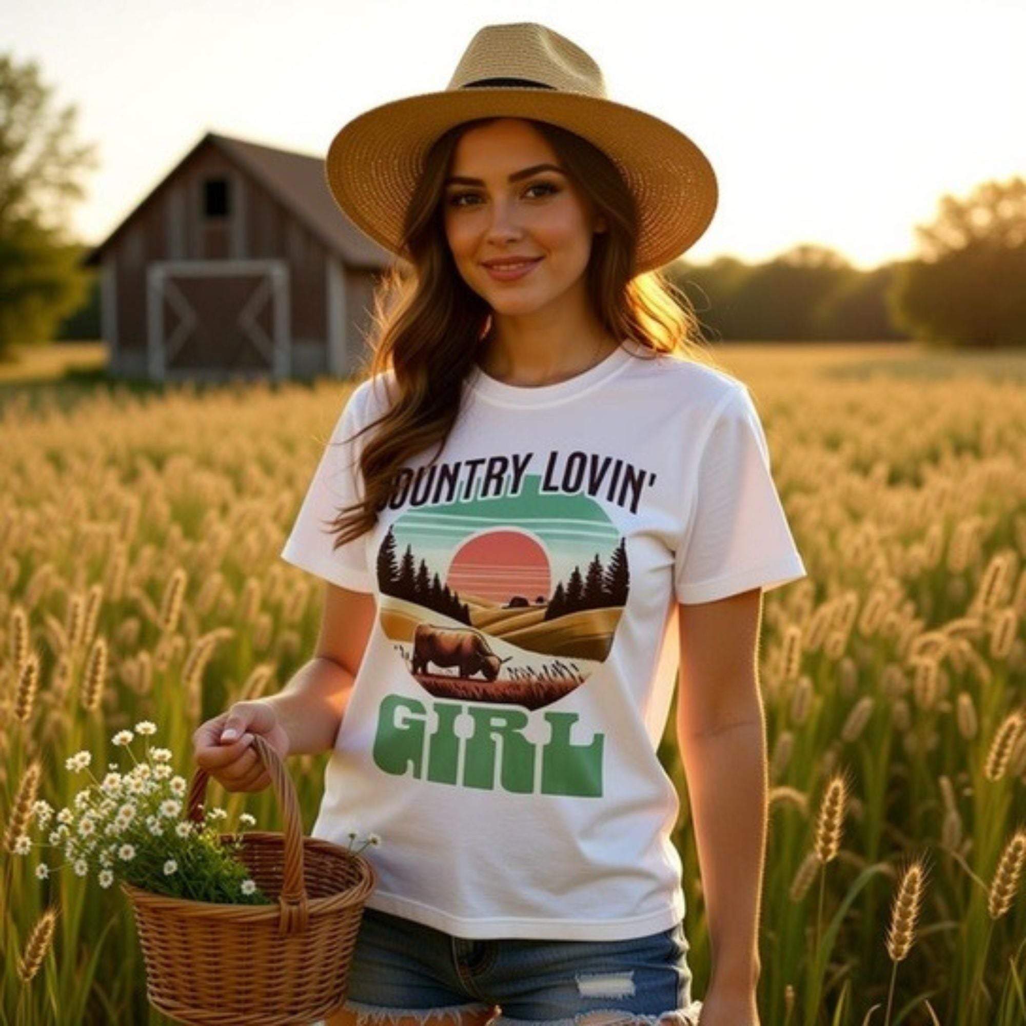 Woman wearing Country Lovin Girl T-shirt with rustic outdoor design in a wheat field at sunset