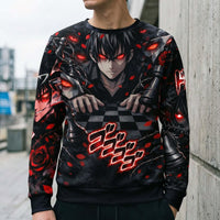 Anime Villain Aesthetic sweatshirt with dark red and black gothic anime villain design featuring glowing red eyes and shattered mirrors