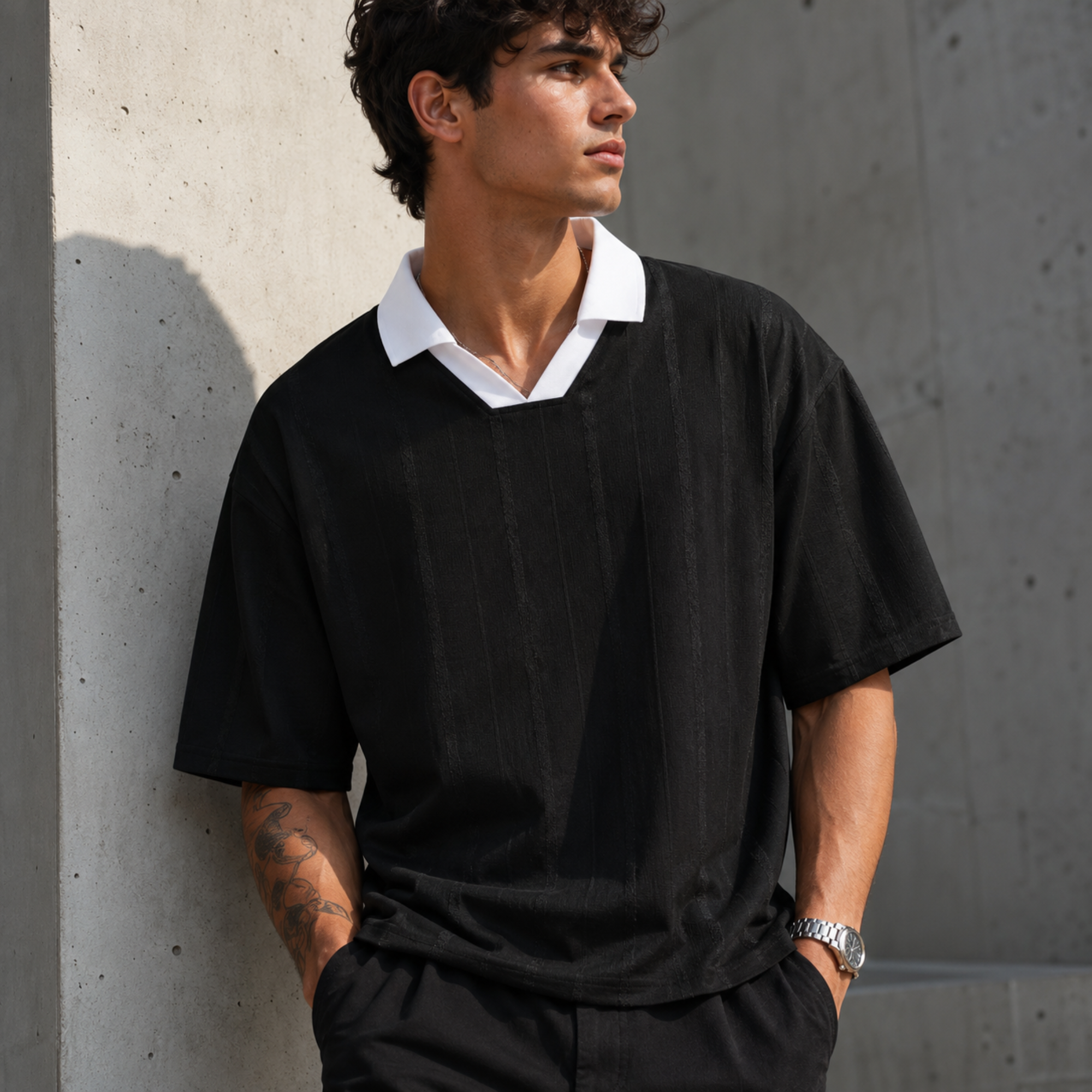 Unisex striped boxy soccer jersey with oversized fit and lapel collar in retro blokecore streetwear style