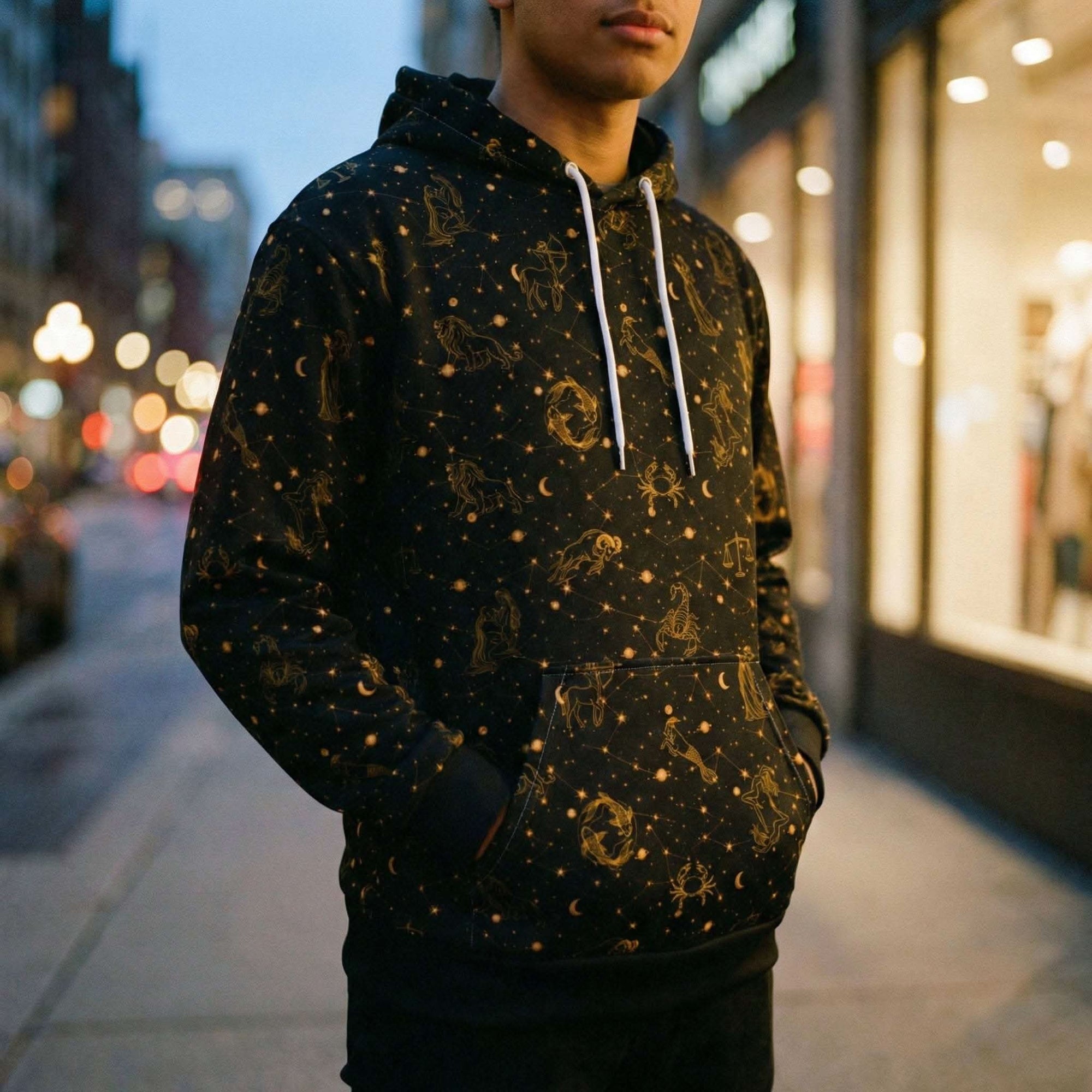 Unisex black cotton hoodie with blue zodiac constellation print and kangaroo pocket