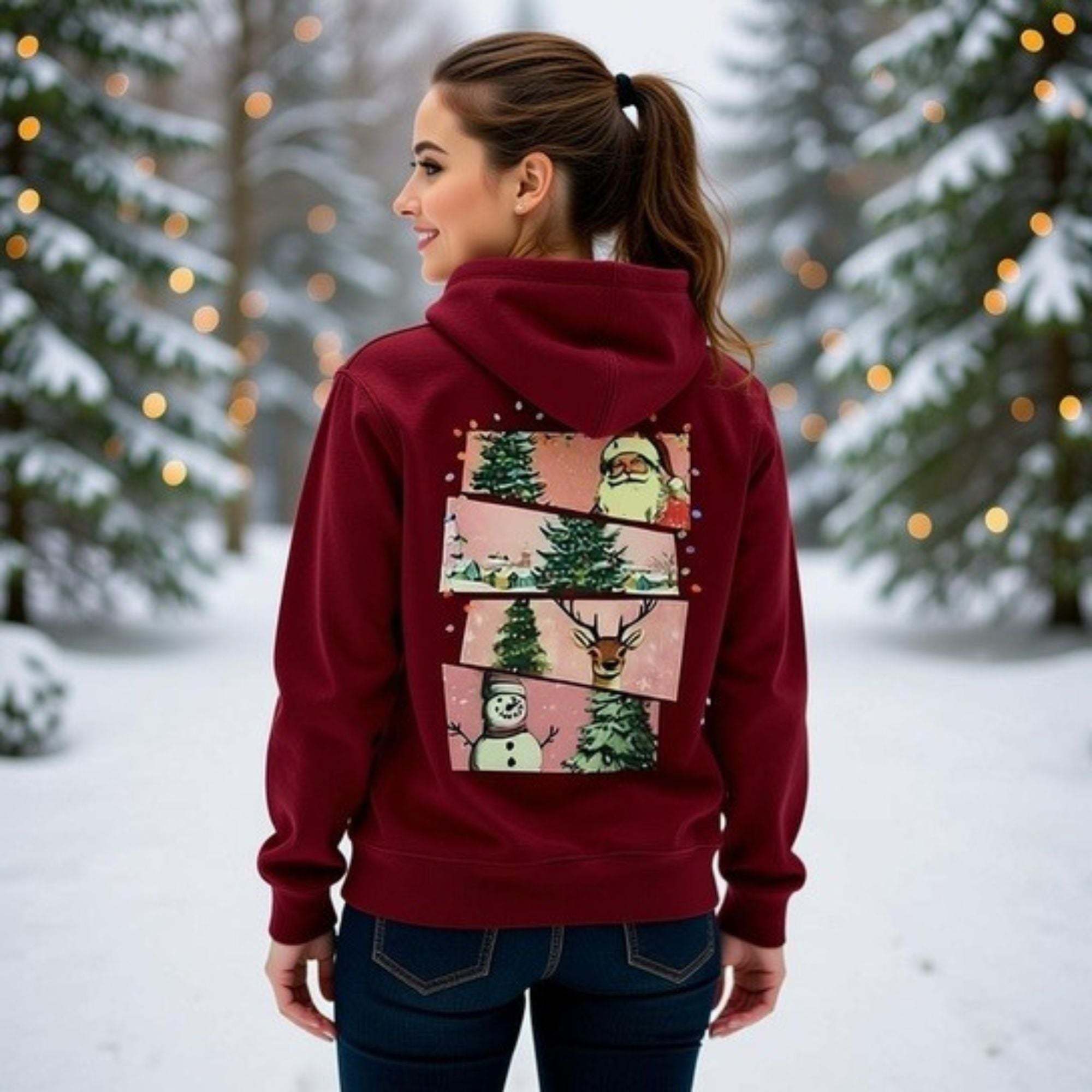 Christmas fleece hoodie with watercolor preppy holiday design and warm, stylish fit