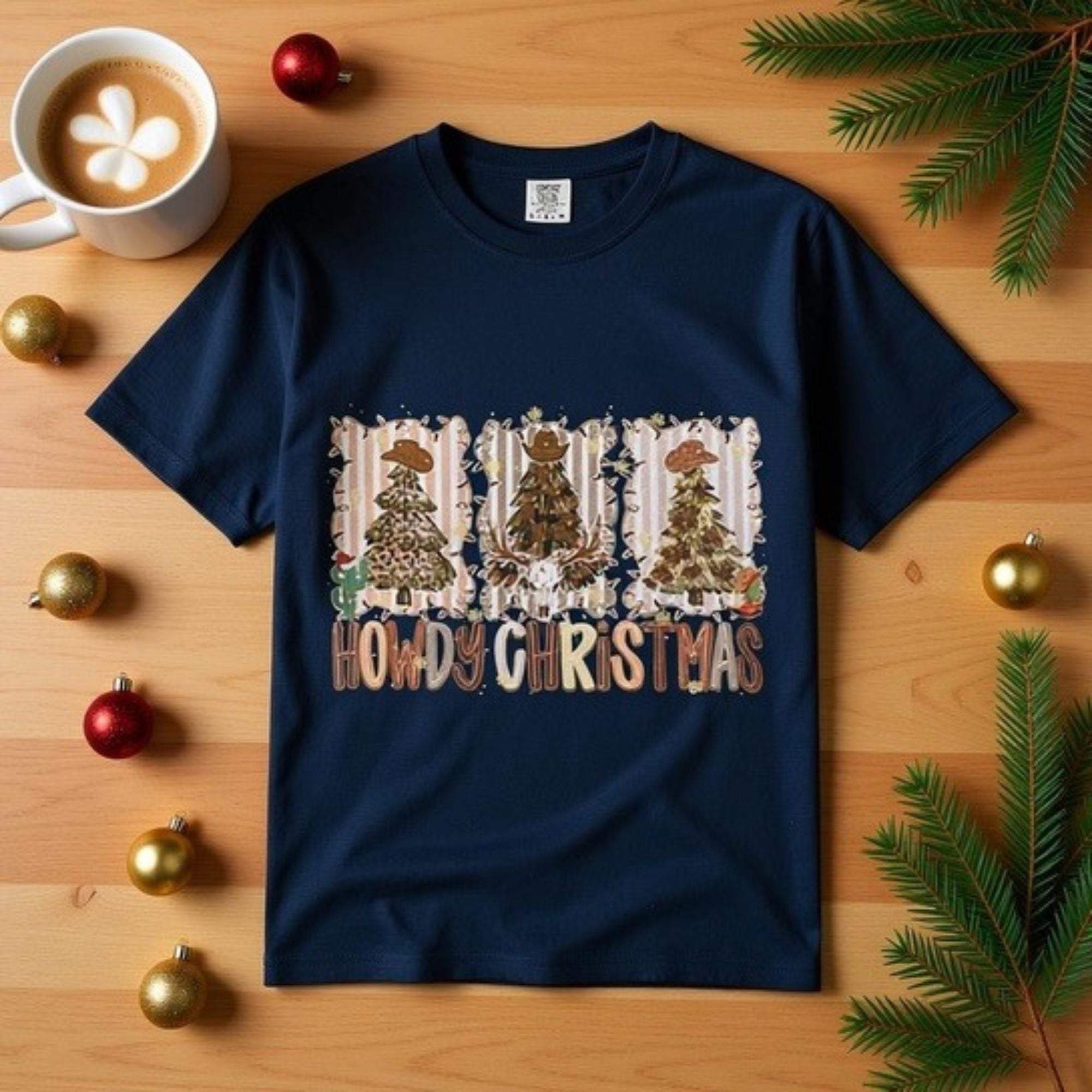 Cowboy Howdy Christmas T-Shirt in 100% ring-spun cotton with western holiday design and unisex fit