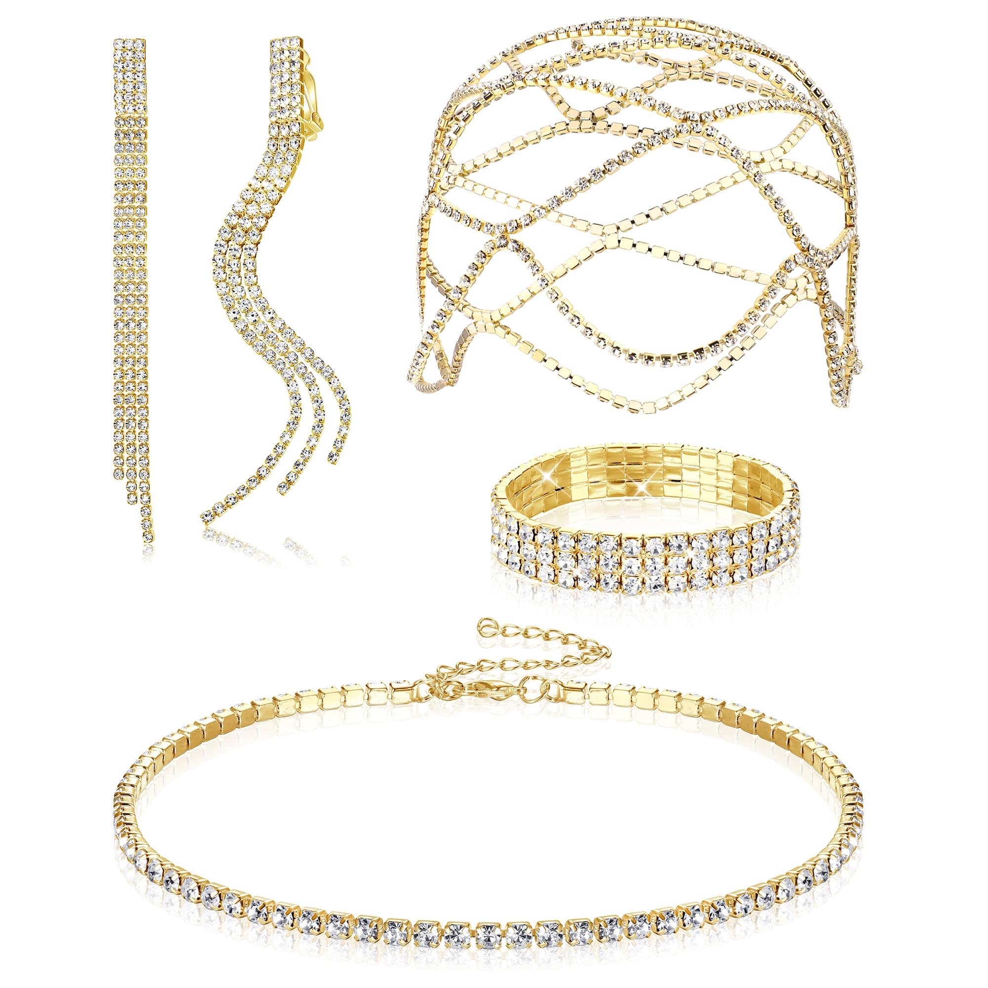 Rhinestone Wedding Jewelry Kit with bracelet, choker, earrings, and headpiece in silver, gold, black, and rose gold colors