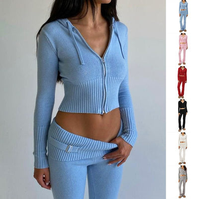 Hoodie Suit Women Leisure Sexy Zip Long Sleeve Sweater Set