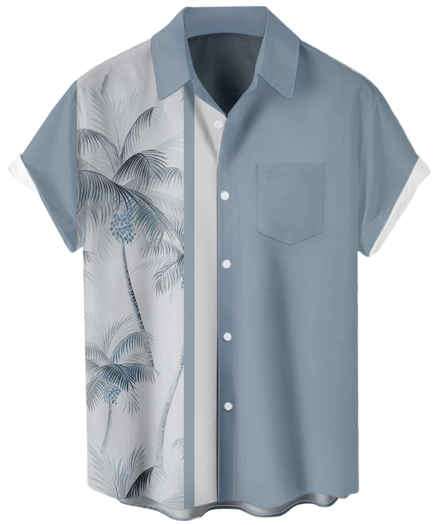 Mens retro bowling camp shirt with short sleeves, button-down front, spread collar, chest pocket, vintage 50s style in lightweight breathable fabric.