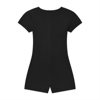Woman wearing a women's ribbed tie-waist cape romper with a scooped neckline and short sleeves in a slim Y2K athleisure style