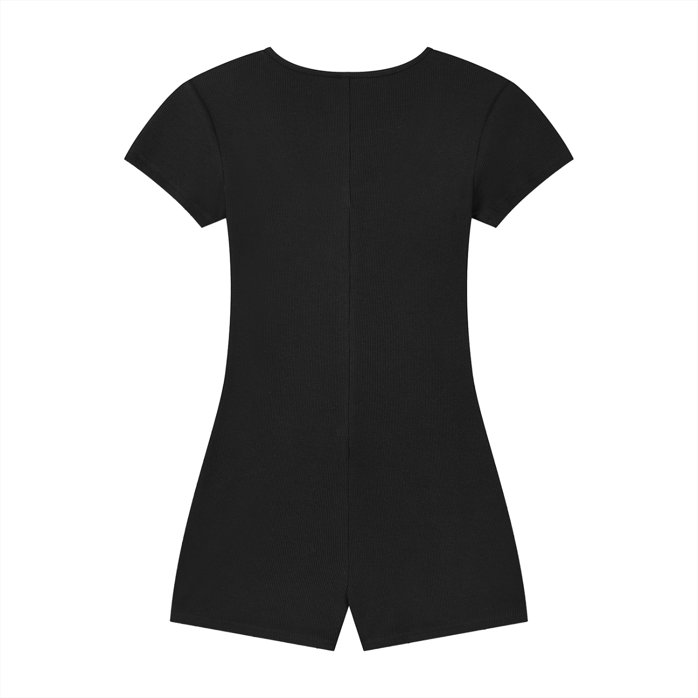 Woman wearing a women's ribbed tie-waist cape romper with a scooped neckline and short sleeves in a slim Y2K athleisure style