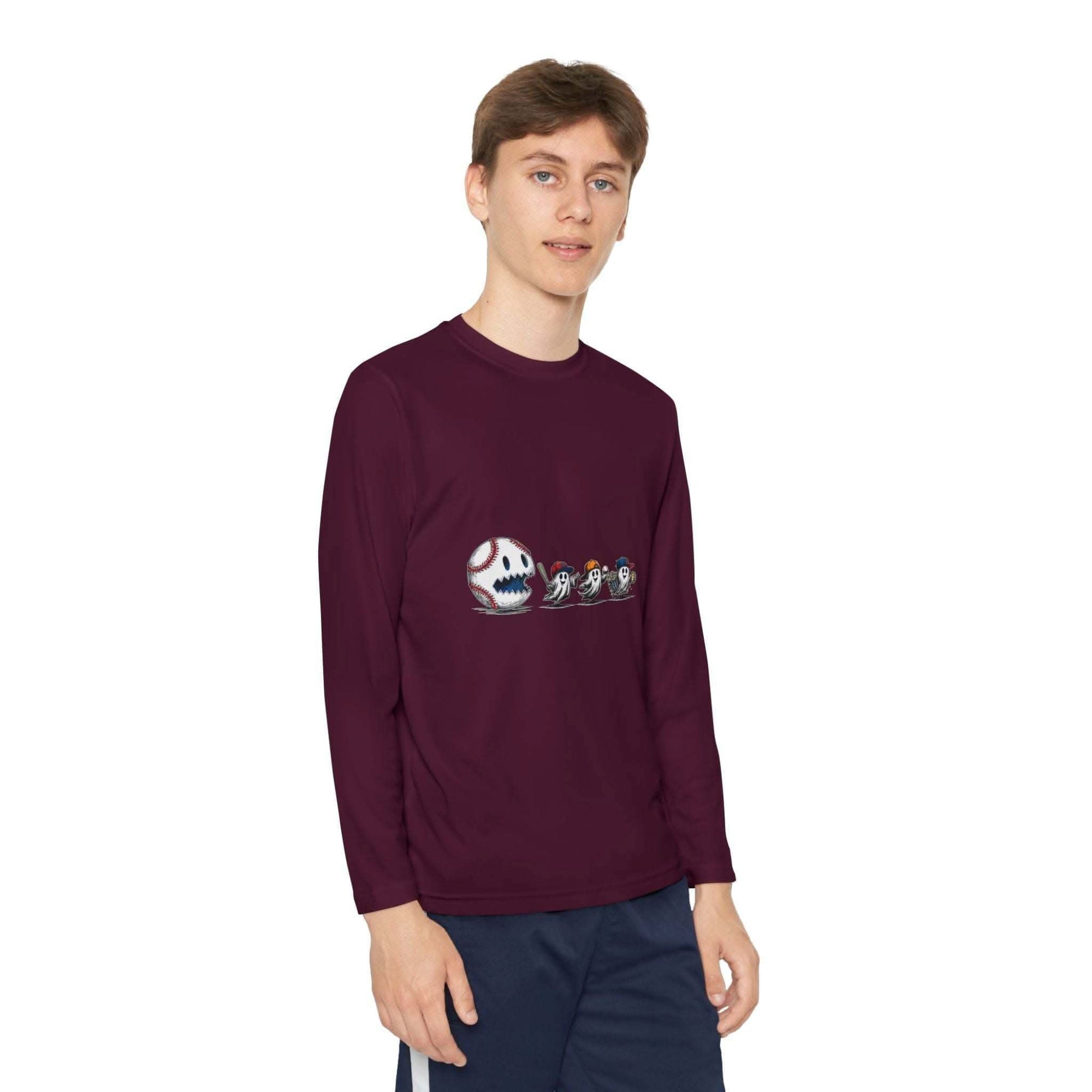 Youth Tee baseball long sleeve shirt with Halloween ghosts design and moisture-wicking fabric