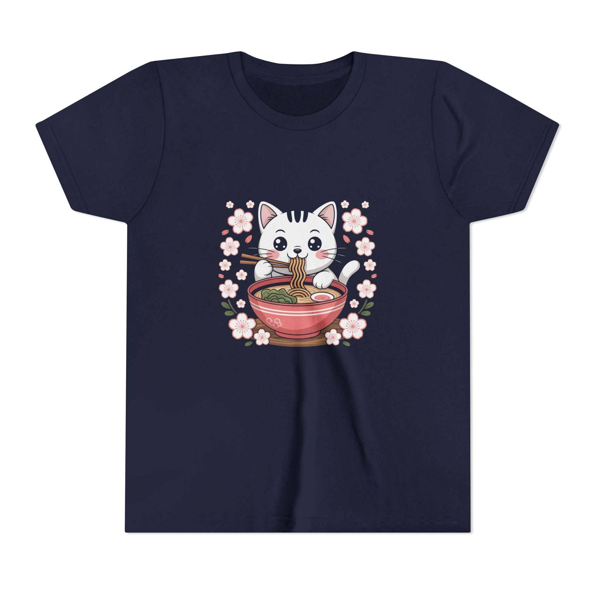 Youth tee with kawaii cat eating ramen bowl illustration