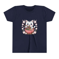 Youth tee with kawaii cat eating ramen bowl illustration