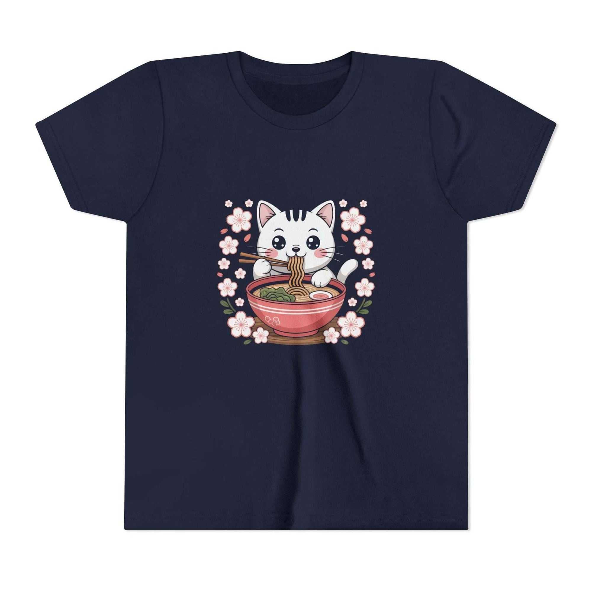 Youth tee with kawaii cat eating ramen bowl illustration