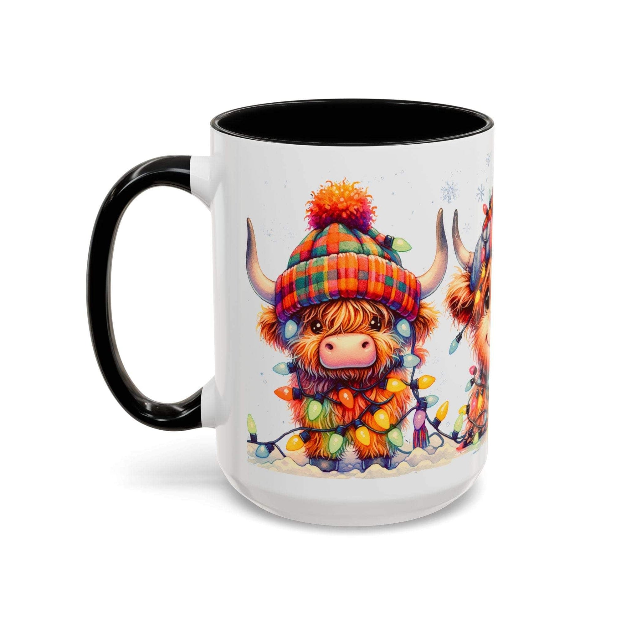 Ceramic Christmas coffee mug with festive Scottish Highland cow wearing colorful hat and holiday lights, black handle and interior.