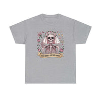 Bride skull illustration tee featuring skeleton bride with roses and banner saying "Good brides say bad words" on white cotton shirt
