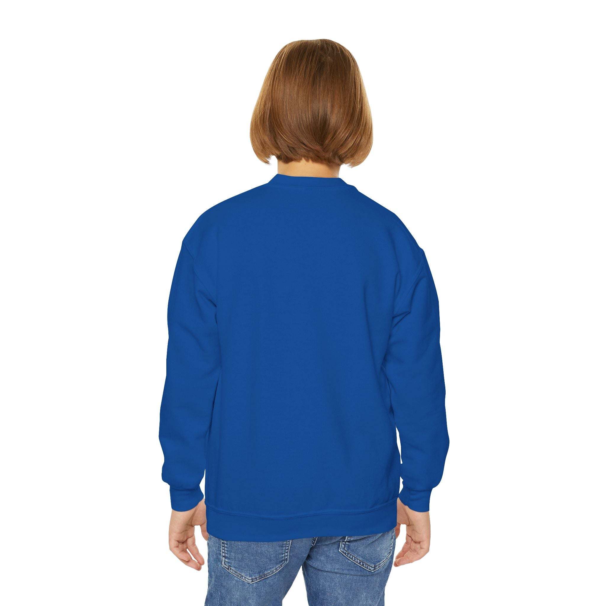 Child wearing blue Moody Girl Highland Cow sweatshirt back view