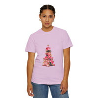 Pepper-colored cotton t-shirt featuring a festive cowgirl Christmas tree design by Printify