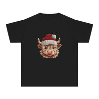 Youth tee featuring Santa Highland cow in faux crochet yarn style, festive and cozy Christmas top