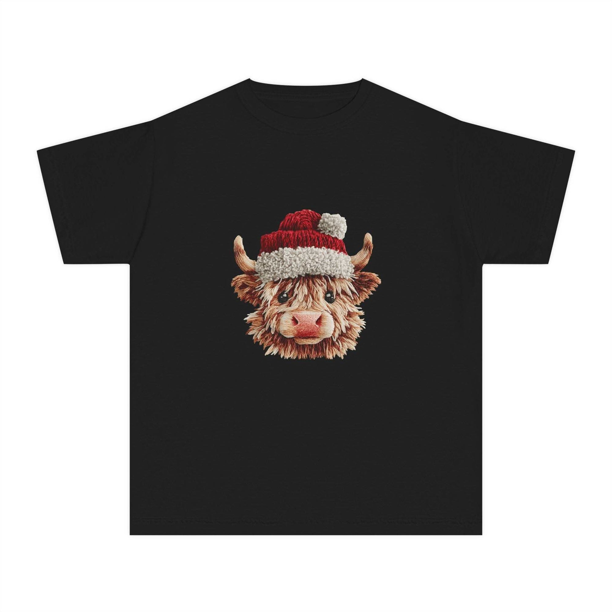 Youth tee featuring Santa Highland cow in faux crochet yarn style, festive and cozy Christmas top
