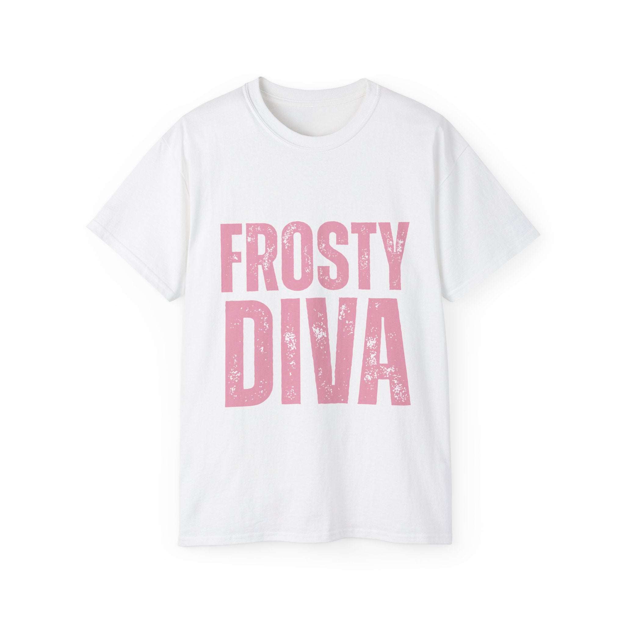 Unisex white Distressed Frosty T-Shirt with pink "Frosty Diva" text, made of 100% US cotton.