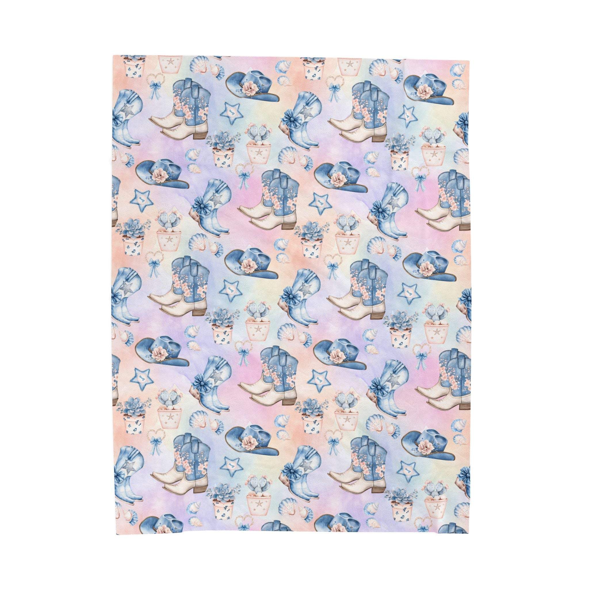 Coastal Cowgirl design plush blanket with pastel blue and pink colors featuring boots, hats, and beach-themed patterns