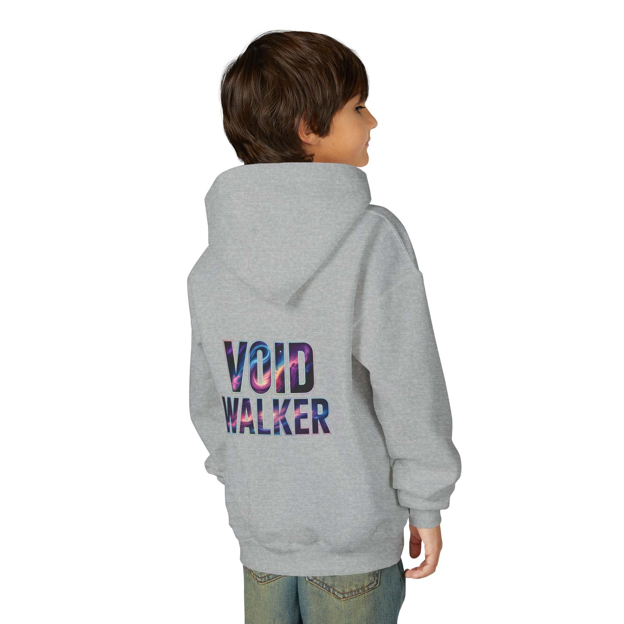 Child wearing grey Galaxy Hoodie with Void Walker galaxy print on back