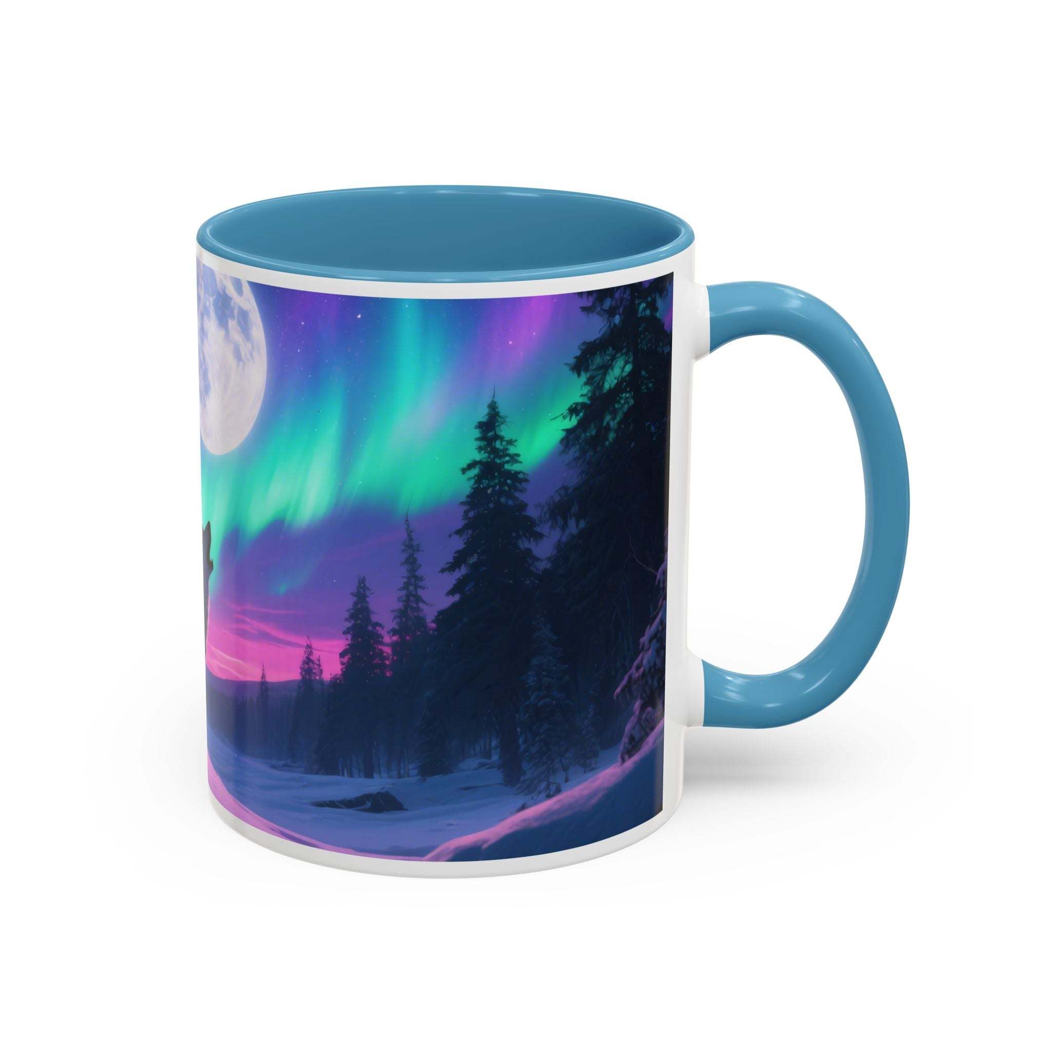 Mug with a design of the Northern Lights over a forest on a white background