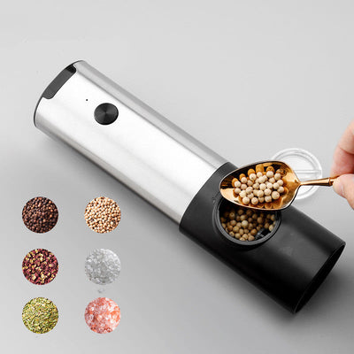 Home Simple Pepper Grinder stainless steel and black ABS electric kitchen tool with a refill opening and button for grinding various spices