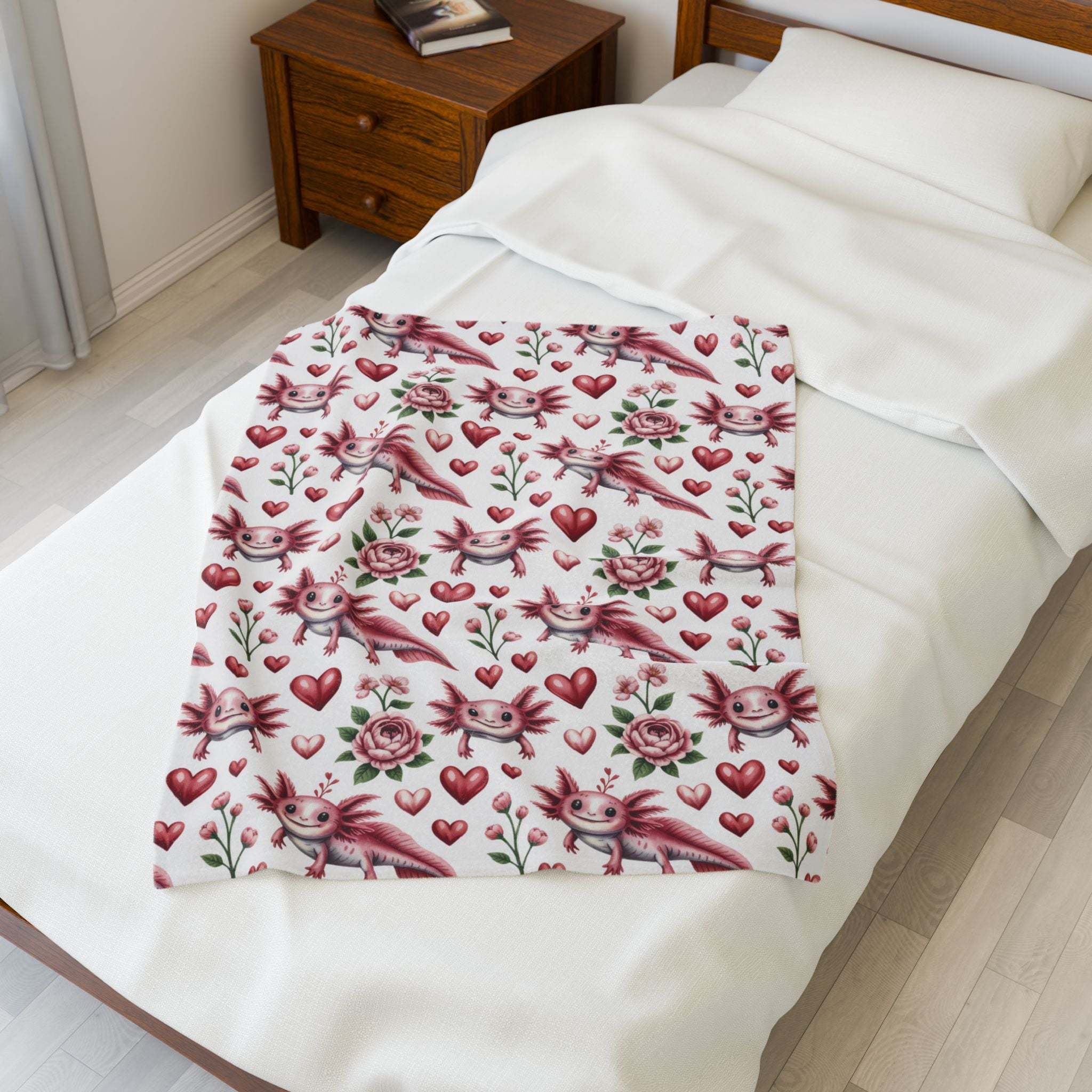 Soft velvety valentine blanket with floral axolotl and heart design