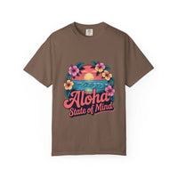Black Aloha State of Mind T-shirt, casual and garment-dyed, perfect for beach wear